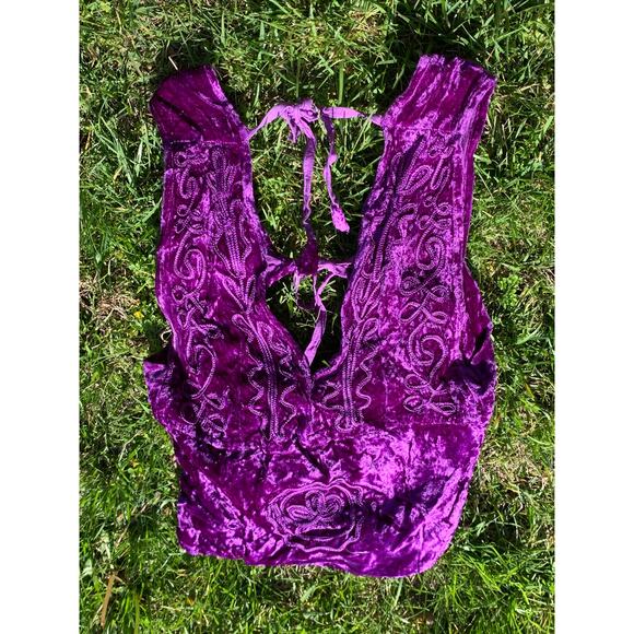 90s Crushed Velvet Festival Top Purple Boho Hippie Embroidery Tie Back Coachella - Picture 8 of 9